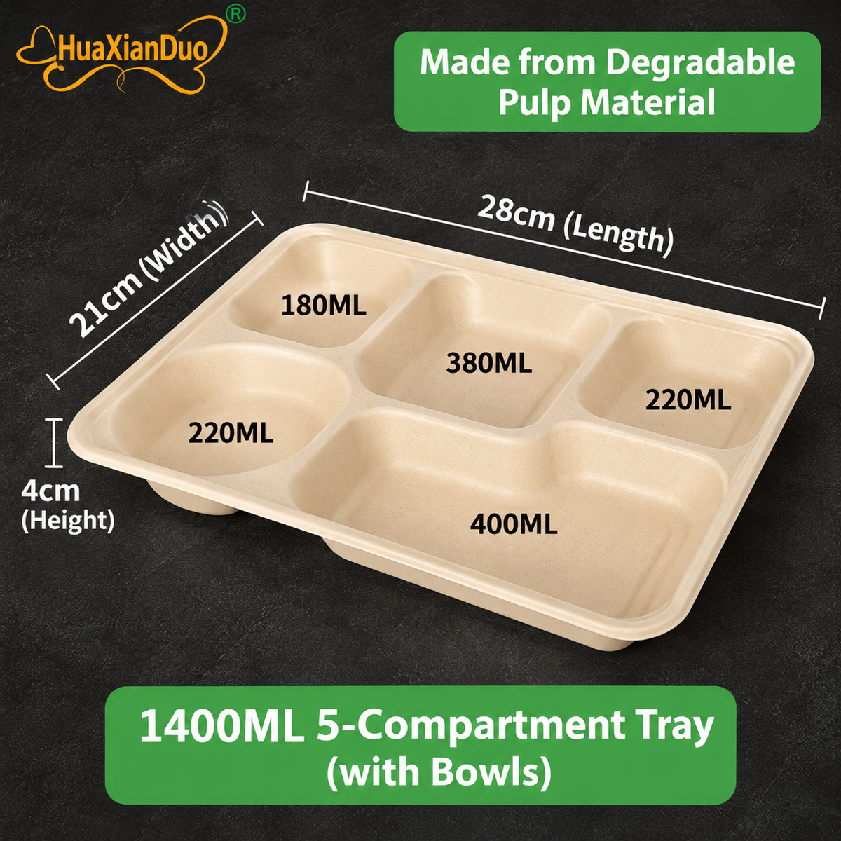Biodegradable in several Compartment Pulp Meal Boxes – Disposable Food Containers for Takeout, Catering, Fast Food, Salads & Meal Sharing