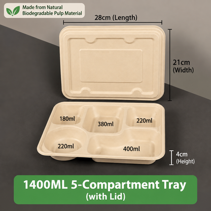Biodegradable in several Compartment Pulp Meal Boxes – Disposable Food Containers for Takeout, Catering, Fast Food, Salads & Meal Sharing