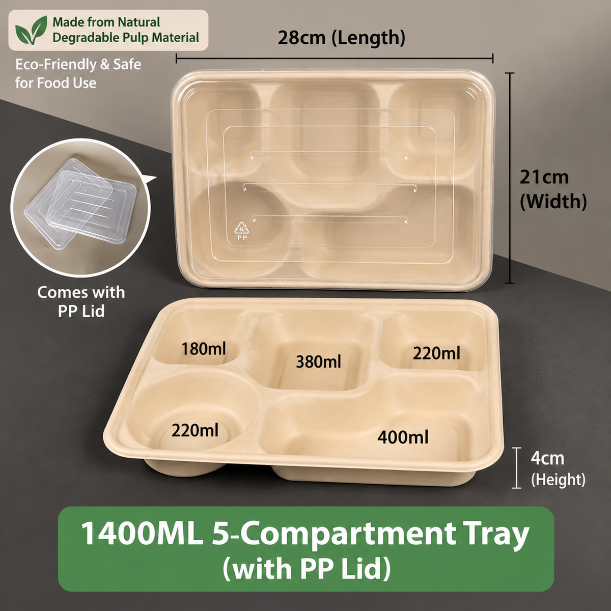 Biodegradable in several Compartment Pulp Meal Boxes – Disposable Food Containers for Takeout, Catering, Fast Food, Salads & Meal Sharing