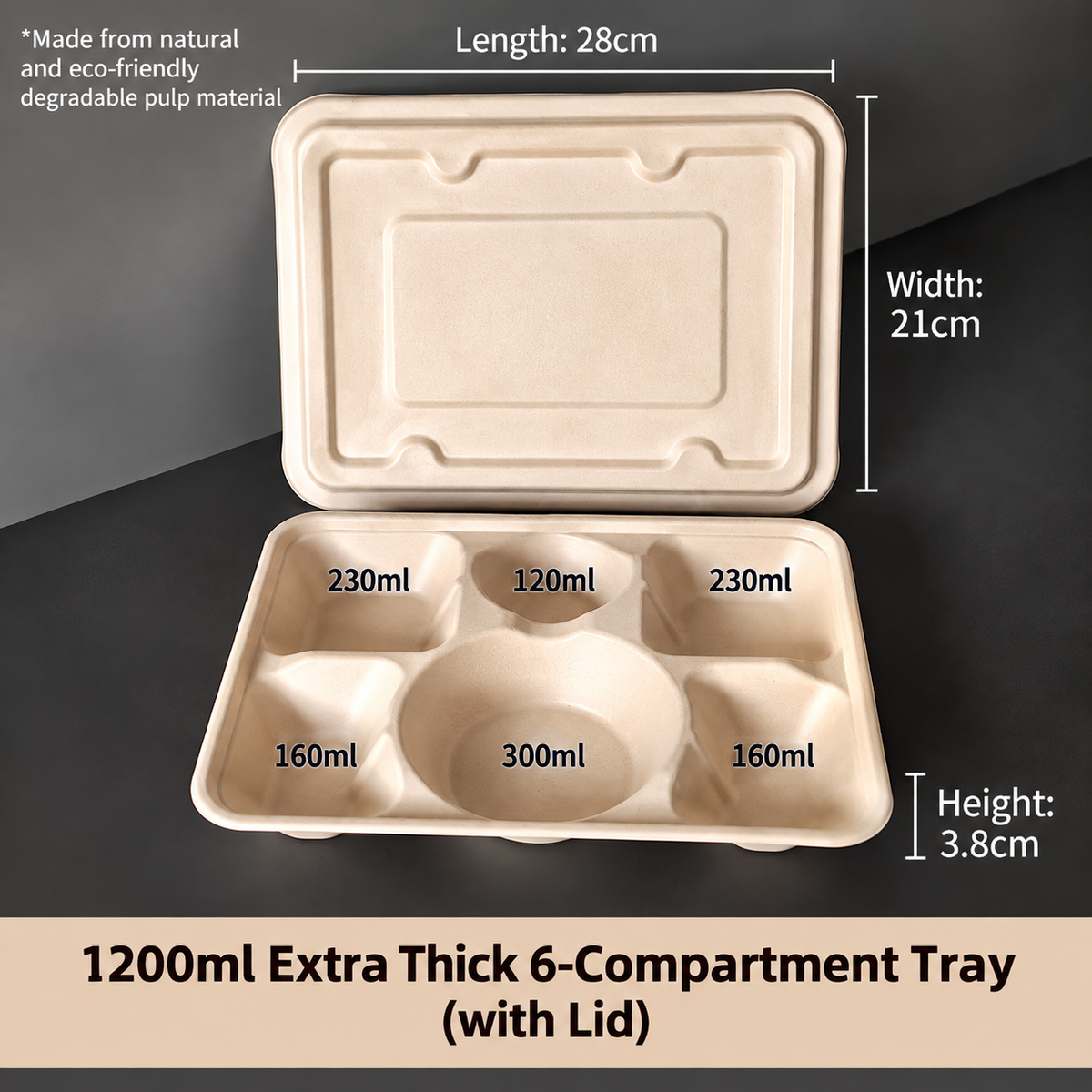 Biodegradable in several Compartment Pulp Meal Boxes – Disposable Food Containers for Takeout, Catering, Fast Food, Salads & Meal Sharing