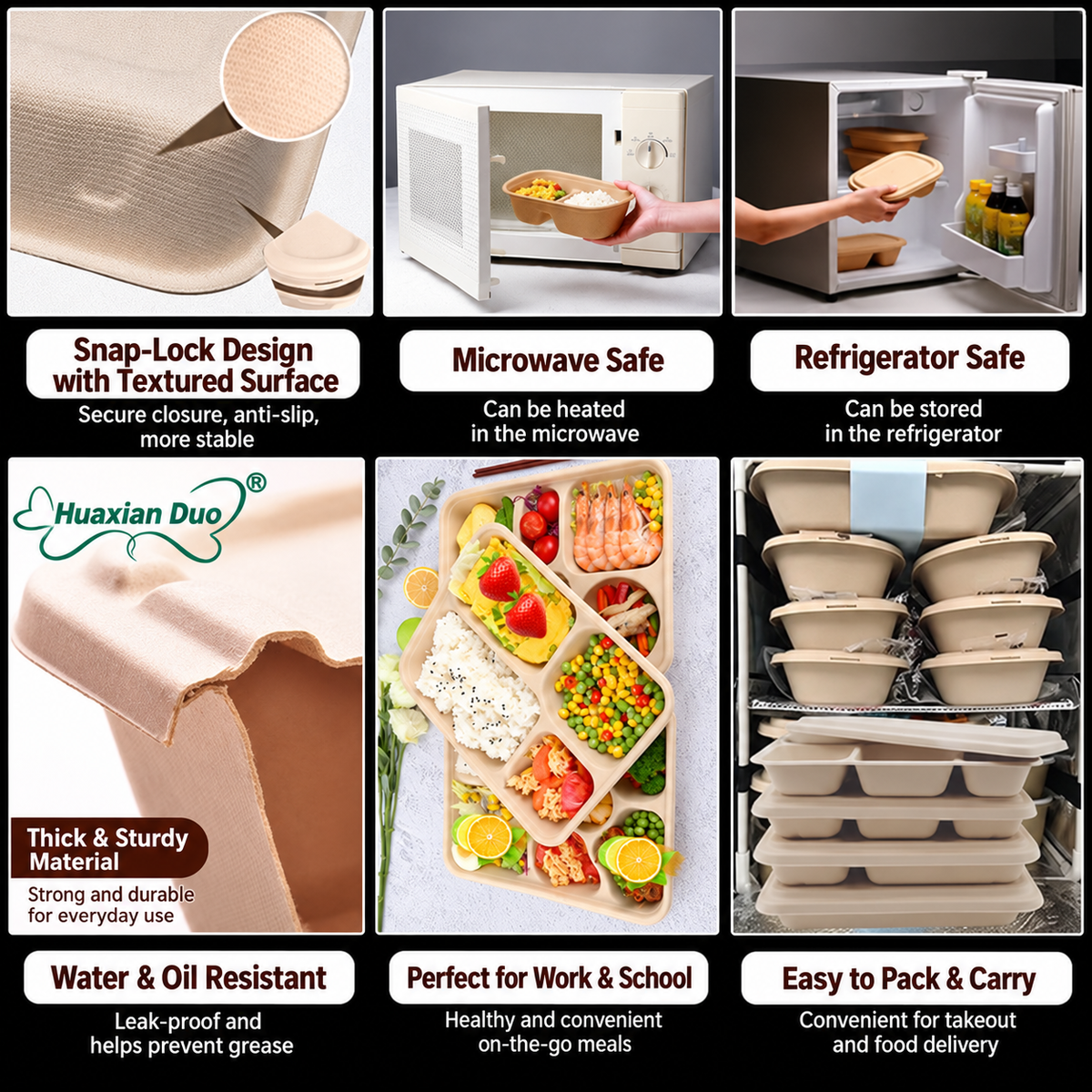 Biodegradable in several Compartment Pulp Meal Boxes – Disposable Food Containers for Takeout, Catering, Fast Food, Salads & Meal Sharing