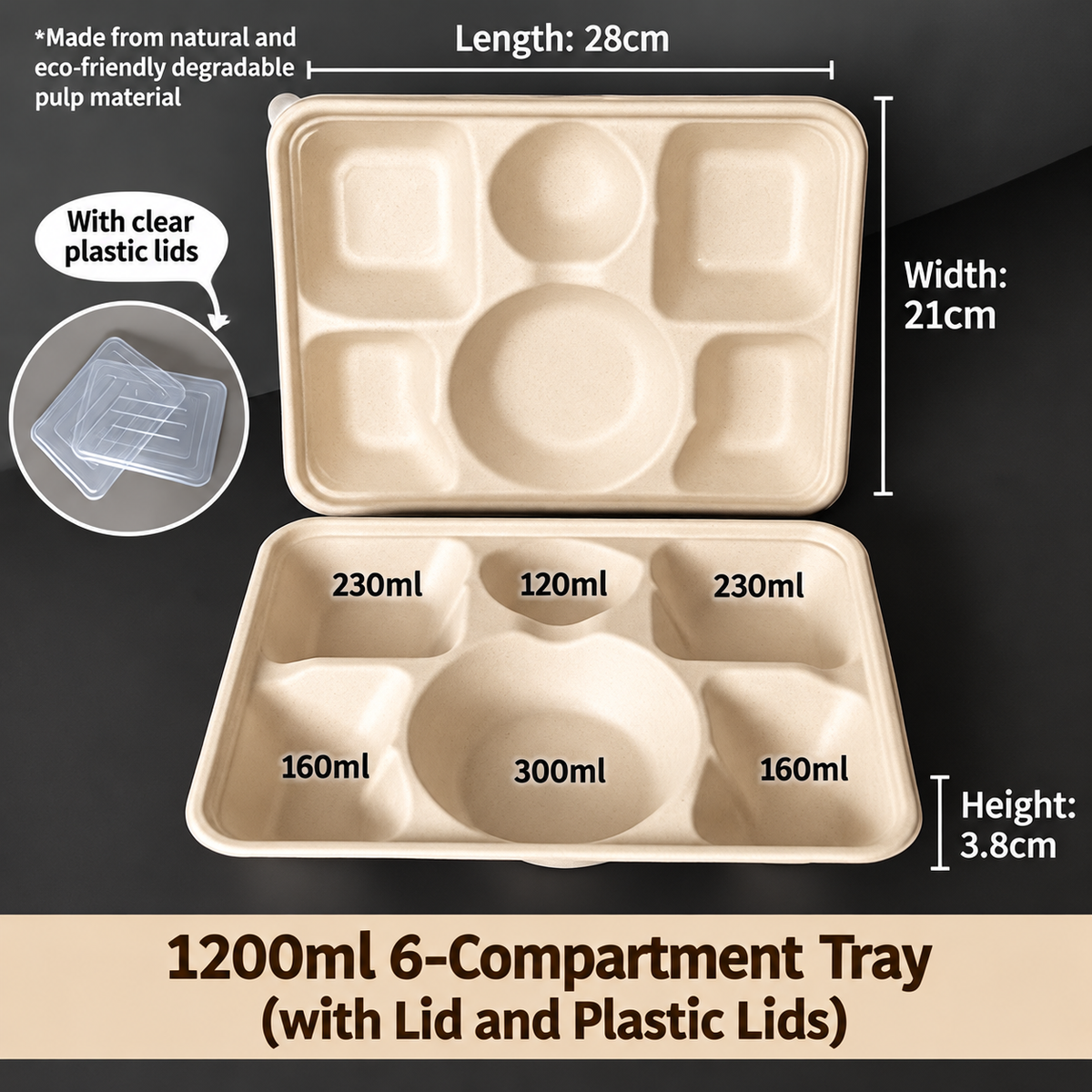 Biodegradable in several Compartment Pulp Meal Boxes – Disposable Food Containers for Takeout, Catering, Fast Food, Salads & Meal Sharing
