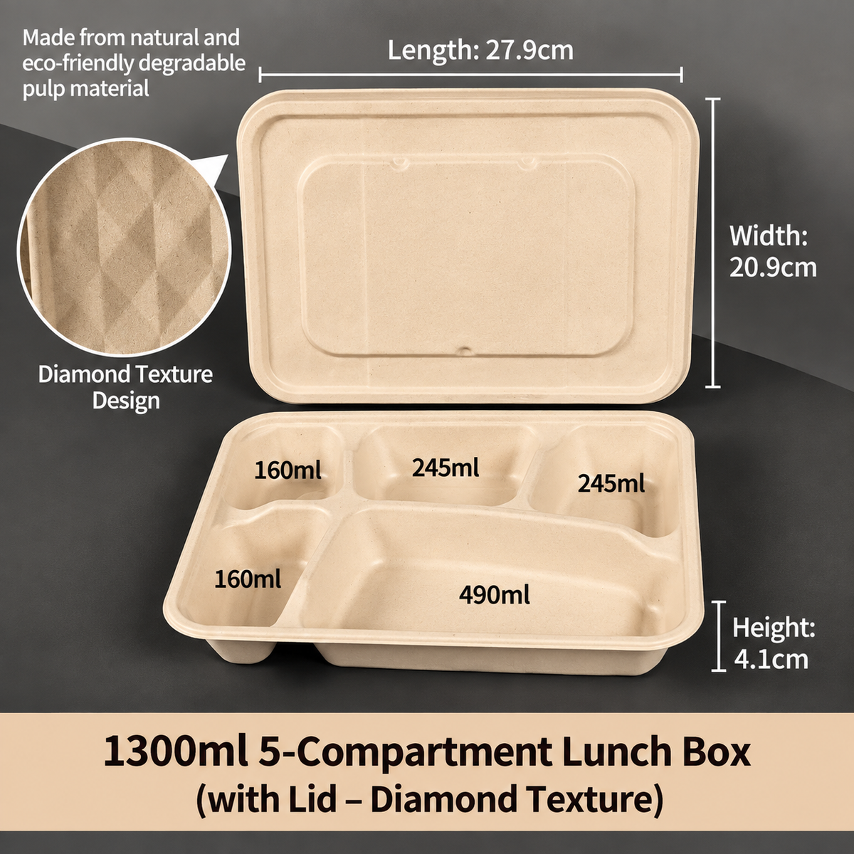 Biodegradable in several Compartment Pulp Meal Boxes – Disposable Food Containers for Takeout, Catering, Fast Food, Salads & Meal Sharing
