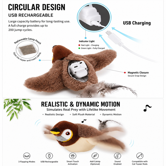 Authentic Electric Flapping Bird Cat Toy – Interactive Simulated Sparrow with Flapping Wings, Sound & USB Rechargeable Design
