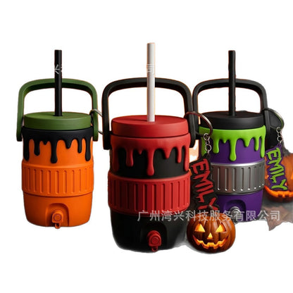 Halloween Cooler Can Holder – Insulated Beverage Cup Holder with Handle, Straw & Keychain for Beach, Parties and Outdoor Drinks