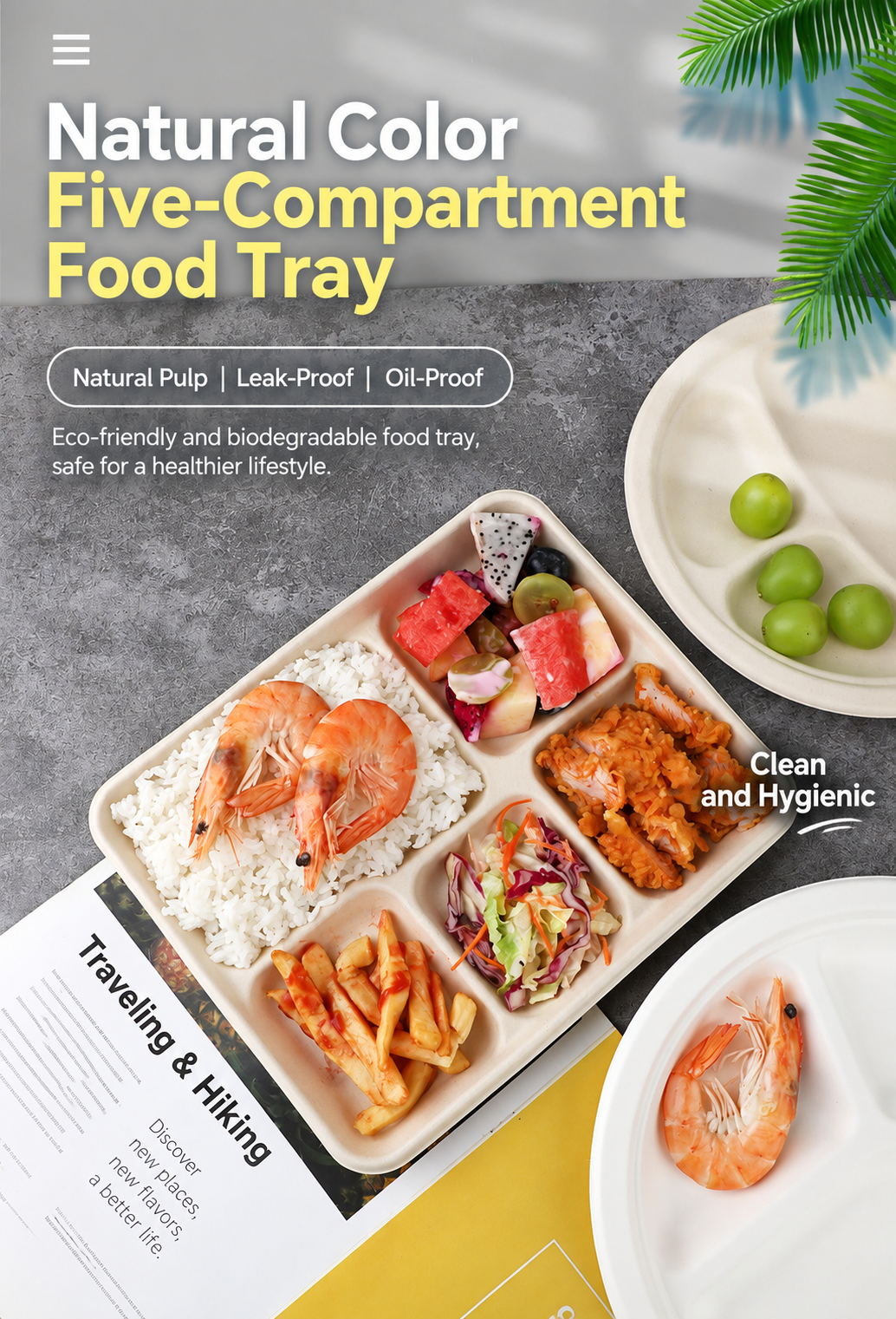 Disposable Biodegradable Five-Compartment Food Tray – Eco-Friendly Lunch Box, Paper Plate & Takeout Dinner Box