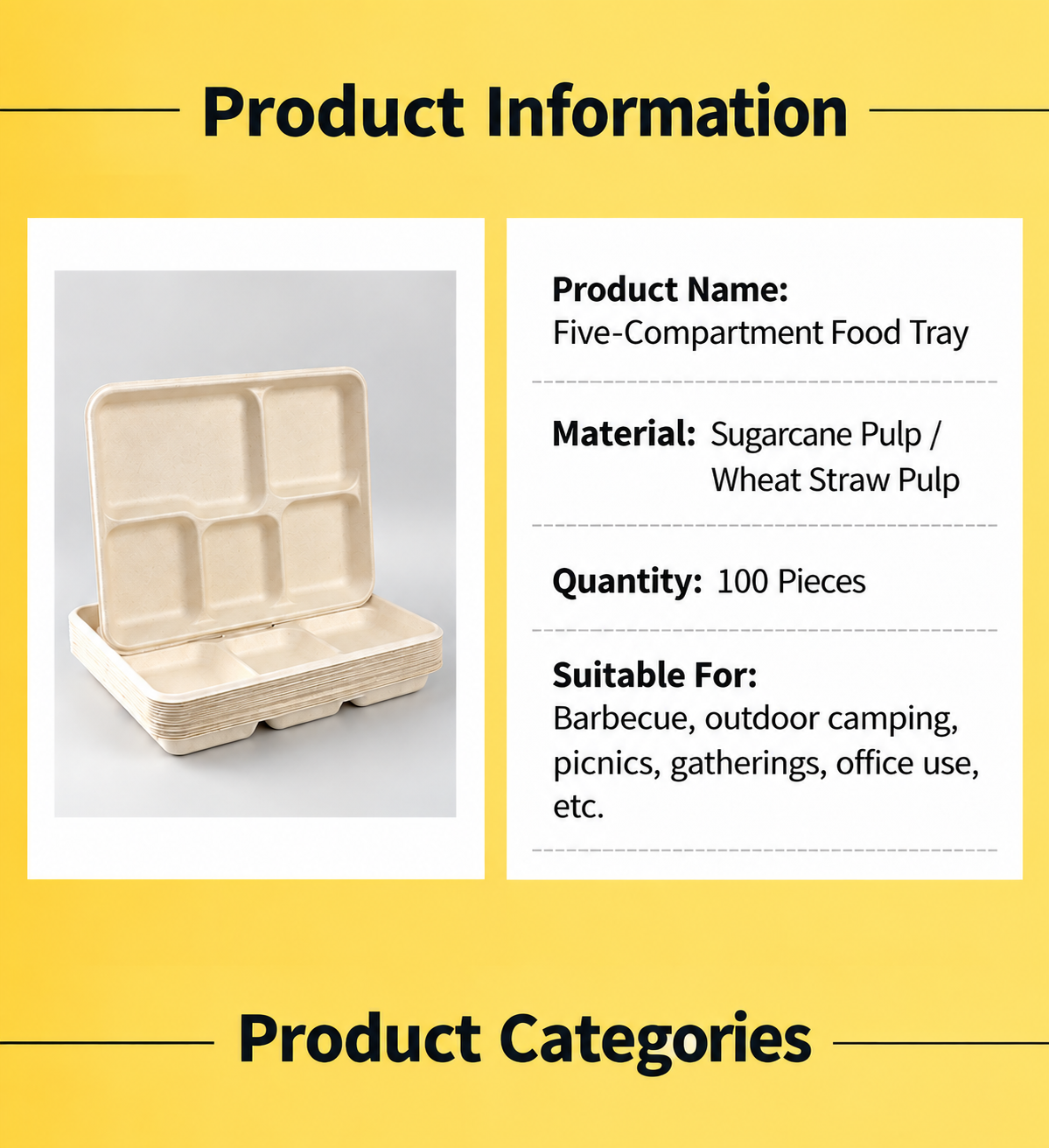Disposable Biodegradable Five-Compartment Food Tray – Eco-Friendly Lunch Box, Paper Plate & Takeout Dinner Box