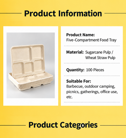 Disposable Biodegradable Five-Compartment Food Tray – Eco-Friendly Lunch Box, Paper Plate & Takeout Dinner Box