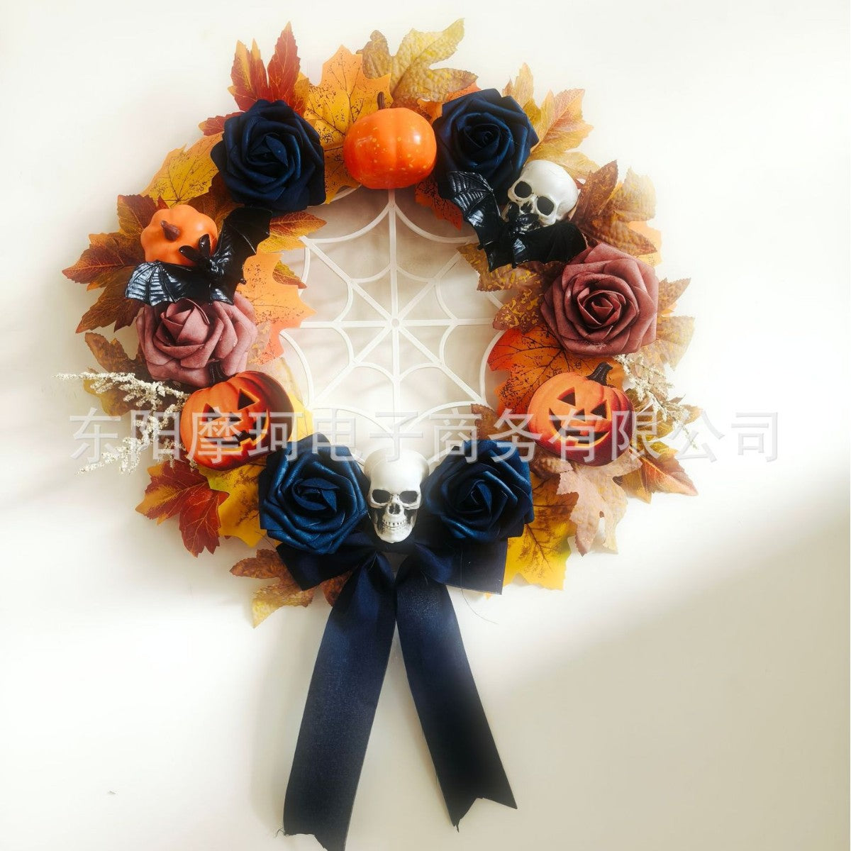 Halloween Skull Pumpkin Wreath – Spooky Holiday Door Hanging Decoration for Halloween Parties, Front Door, Wall & Home Décor