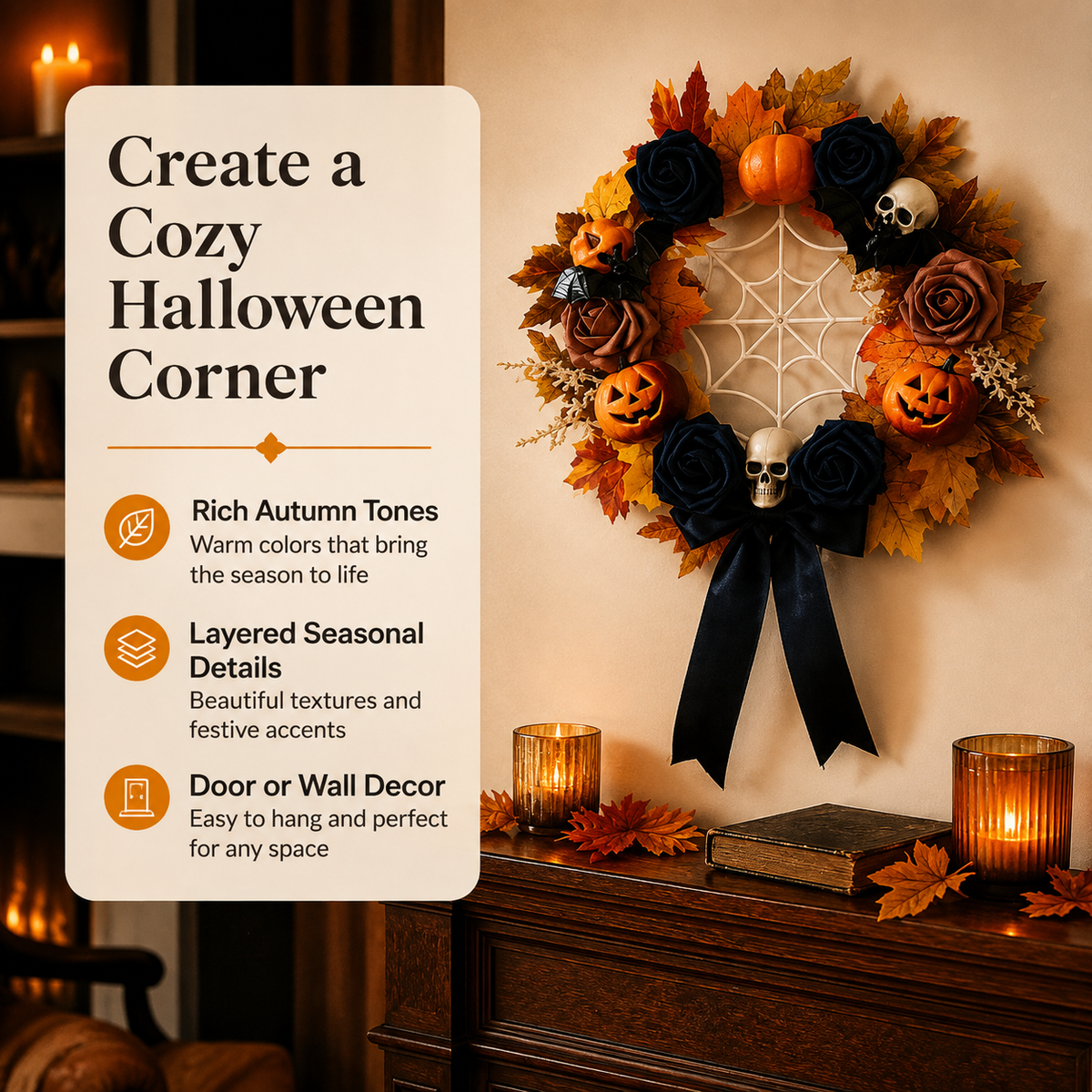 Halloween Skull Pumpkin Wreath – Spooky Holiday Door Hanging Decoration for Halloween Parties, Front Door, Wall & Home Décor