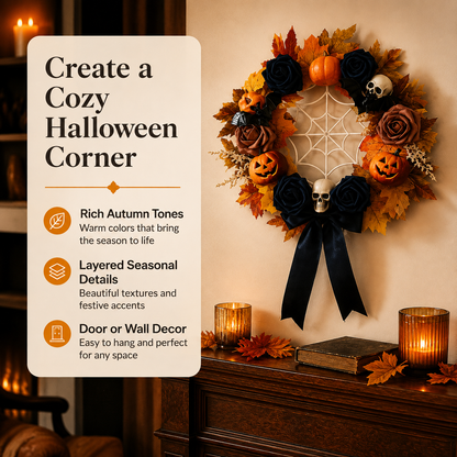 Halloween Skull Pumpkin Wreath – Spooky Holiday Door Hanging Decoration for Halloween Parties, Front Door, Wall & Home Décor