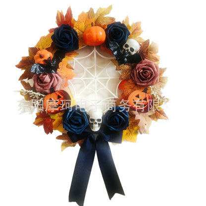 Halloween Skull Pumpkin Wreath – Spooky Holiday Door Hanging Decoration for Halloween Parties, Front Door, Wall & Home Décor