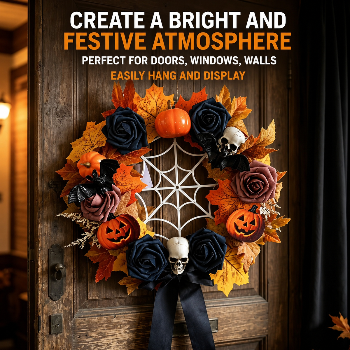 Halloween Skull Pumpkin Wreath – Spooky Holiday Door Hanging Decoration for Halloween Parties, Front Door, Wall & Home Décor
