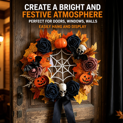 Halloween Skull Pumpkin Wreath – Spooky Holiday Door Hanging Decoration for Halloween Parties, Front Door, Wall & Home Décor