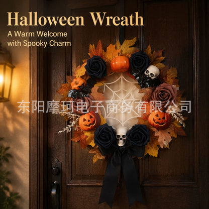 Halloween Skull Pumpkin Wreath – Spooky Holiday Door Hanging Decoration for Halloween Parties, Front Door, Wall & Home Décor