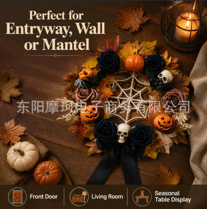 Halloween Skull Pumpkin Wreath – Spooky Holiday Door Hanging Decoration for Halloween Parties, Front Door, Wall & Home Décor