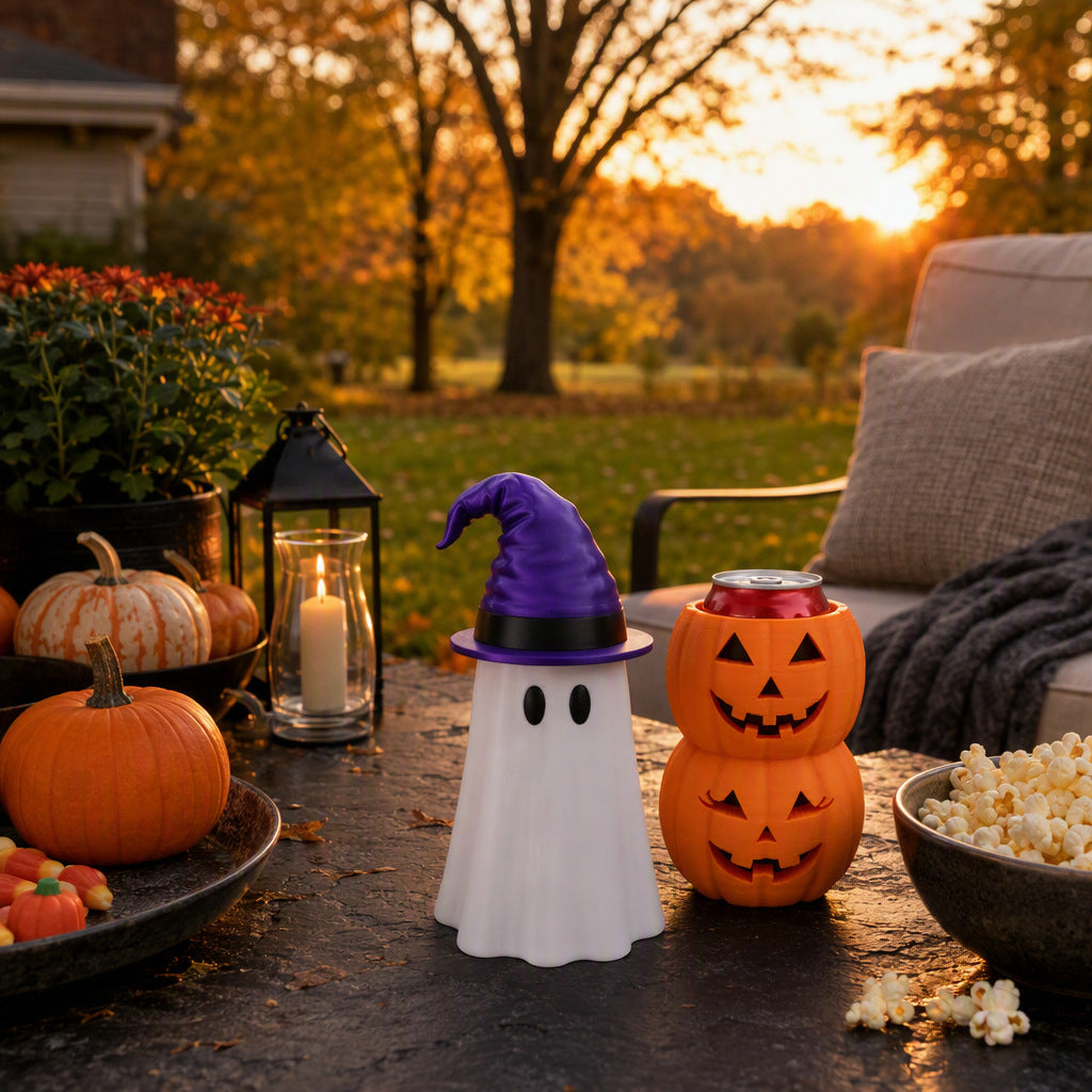 Halloween Ghost Can Holder with Can Opener – Bowknot Ghost Drink Cup Holder with Keychain