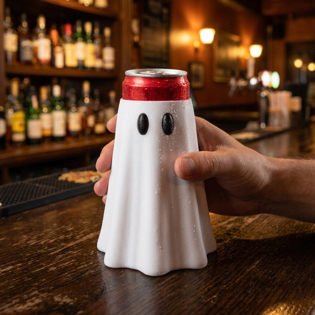 Halloween Ghost Can Holder with Can Opener – Bowknot Ghost Drink Cup Holder with Keychain
