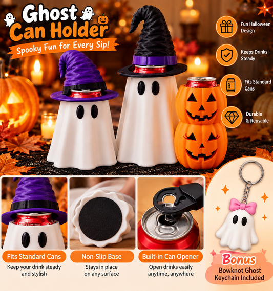 Halloween Ghost Can Holder with Can Opener – Bowknot Ghost Drink Cup Holder with Keychain
