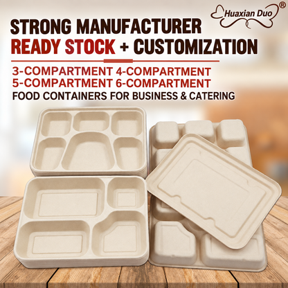 Biodegradable in several Compartment Pulp Meal Boxes – Disposable Food Containers for Takeout, Catering, Fast Food, Salads & Meal Sharing