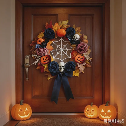 Halloween Skull Pumpkin Wreath – Spooky Holiday Door Hanging Decoration for Halloween Parties, Front Door, Wall & Home Décor